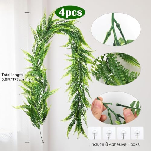 4Pc Artificial Boston Ferns Garland 5.8Ft Green Fake Greenery Vines (23.2 Foot)