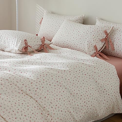 Boho Farmhouse Comforter Set Twin XL Botanical Floral Bedding Comforter with 2 Bow Tie Pillowcases Coquette Flowers Comforter Soft Fluffy Cottagecore Floral Stripes Bedding Set for Teen Girls