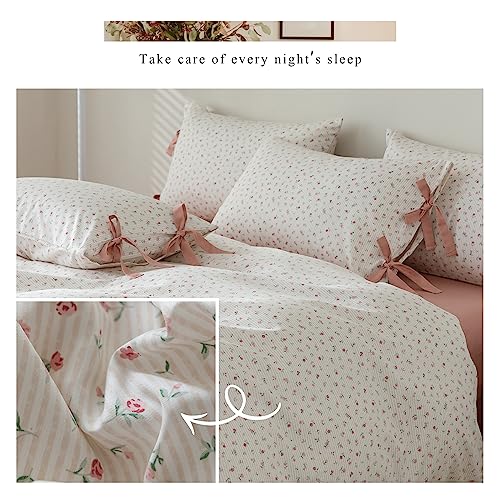 King Size Comforter Set Garden Style Pink White Floral Comforter Set Cozy Aesthetic Bedding Cottagecore Comforter Vintage Botanical Flower Comforter with 2 Bow Ties Pillowcases Fluffy Bed Set
