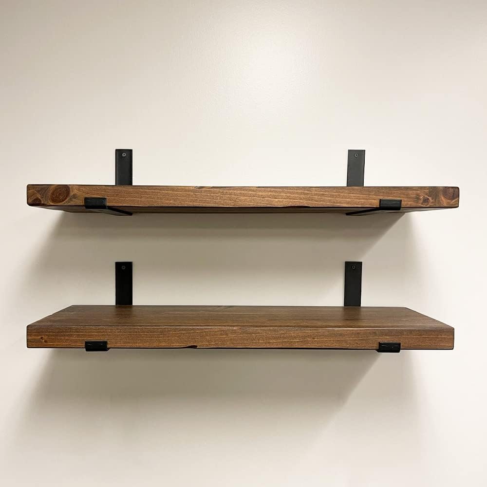 Rustic Shelves with J-Brackets Set of 2, Industrial Shelf, Kitchen Shelves, Solid Wood, Decorative Wall Storage, Heavy Duty, URBANDI (Provincial, 12Wx12D)
