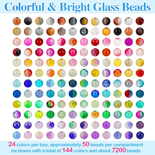 About 7200pcs 144 Colors 6mm Crackle Glass Beads Bracelet Making Kit (7200 Count)