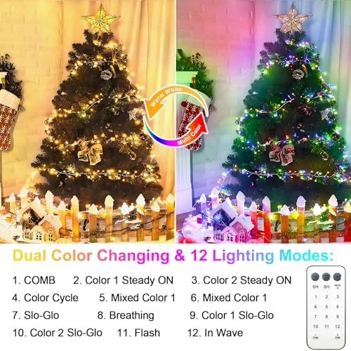 Dual Color 10Ft 200 LED Fairy Lights Battery Operated with Remote Timer (200 Count)