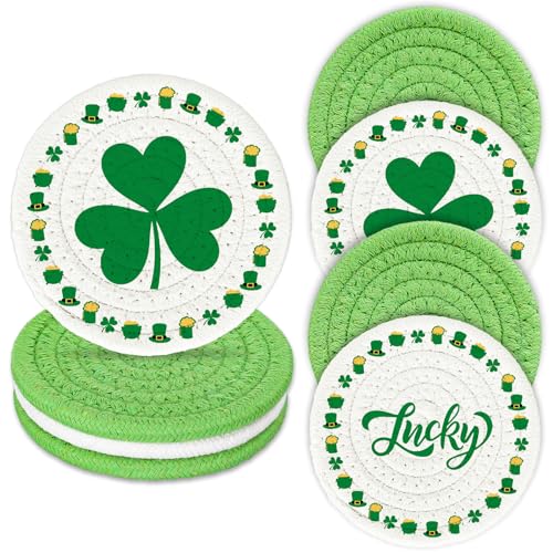 4Pcs St. Patrick's Day Handmade Braided Drink Coasters Shamrock Lucky Clover Cotton Coasters Irish Green Absorbent Cup Mat Tabletop Protection for Home Office Party Tableware (4 Count)