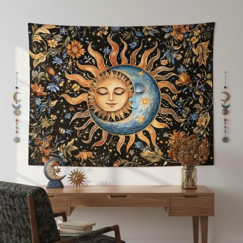 Sun and Moon Tapestry for Bedroom Boho Vintage Floral Hippie Wall Tapestry Aesthetic Retro Flower Plant Large Tapestries Wall Hanging for Living Room Dorm Decor 80 x 60 Inch
