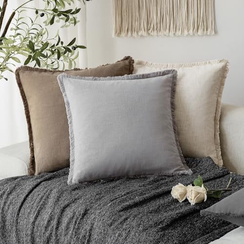 Boho Linen Fringe Lumbar Throw Pillow Covers 12×24 Light Gray (2 Count)