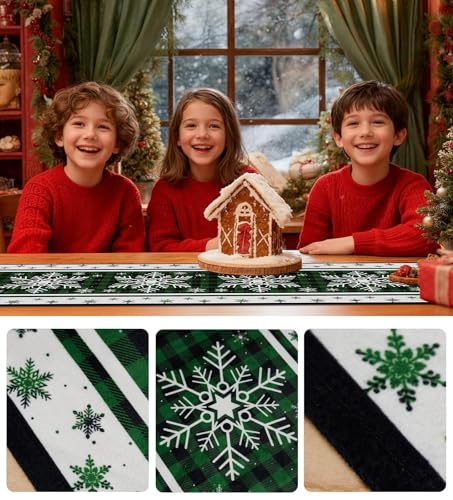 Christmas Table Runner Snowflakes Christmas Decorations with Red Buffalo