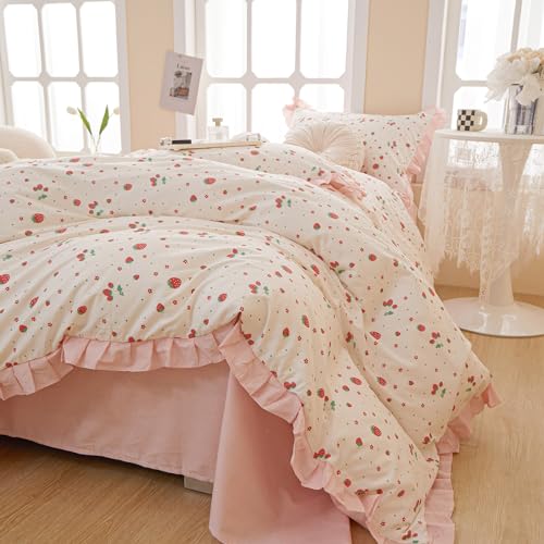 Strawberry Print Comforter Set Pink White Ruffled Bedding Comforter Full Size Soft Fluffy Floral Bedding Set Kawaii Strawberry Fruit Comforter Set for Kids Girls Lightweight and Cozy for All Seasons