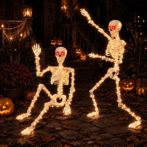2PCS Halloween Lighted Skeletons Decoration White Light and Red Light Eyes (White LED Light)