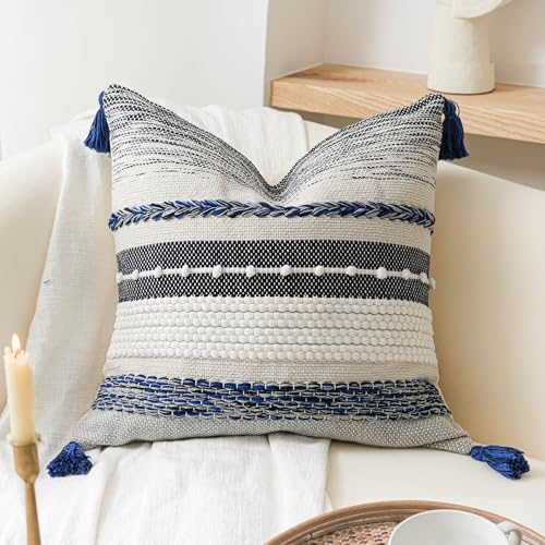 Navy Dark Blue Boho Throw Pillow Cover 22x22 Grey Decorative Accent Pillow for Couch Square Woven Textured Pillowcase Modern Boho Pillow for Bed