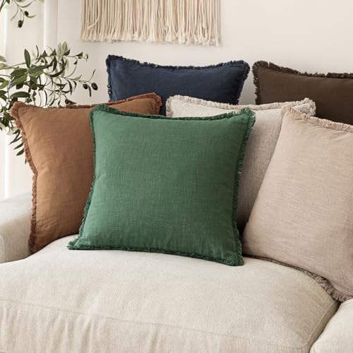 Decorative Linen Fringe Throw Pillow Covers 26×26 Pine Green