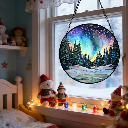 Aurora Landscape Stained Glass Window Hanging Suncatcher Xmas Gifts 7.8"