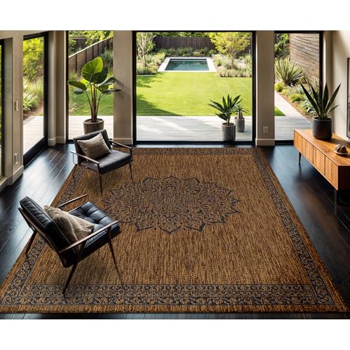 Outdoor Rug 9x12 Medallion Gold Modern Large Area Rugs for Indoor and Outdoor Patios Kitchen and Hallway Mats Washable Porch Deck Outside Carpet (108 Sq Ft)