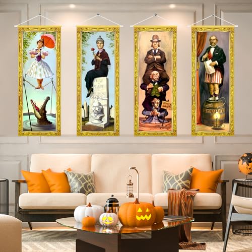 Halloween Decorations Large 4 PCS Haunted Mansion Stretching Portraits Vintage Vinyl Backdrop Decor Outdoor Horror Poster for Indoor Holiday Home Wall Art Wallpaper Hanging Porch Sign Banner Party (4 Count)
