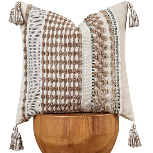 Chenille Striped Textured Boho Throw Pillow Covers Aesthetic with Tassels Woven Decorative Pillow Case for Couch Bed Sofa Bedroom Modern Funky 18 x 18