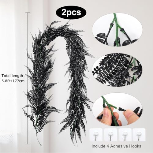 2Pcs 5.8Ft Black Artificial Boston Fern Garland Fake Hanging Vines (5.8 Foot)