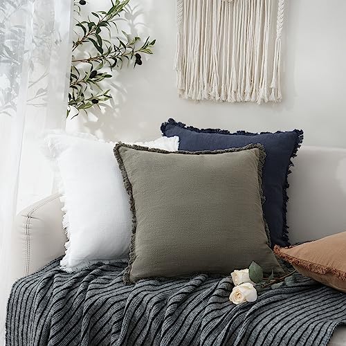 Decorative Linen Fringe Throw Pillow Covers 22×22 Inch (2 Count)