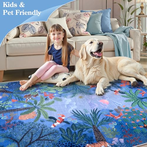 Washable Jungle Animal Print Rugs 9x12 Blue Rugs for Living Room