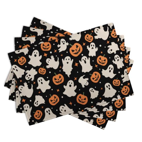 Halloween Placemats Set of 4 12x18 Inch Cute Ghost Pumpkin Table Mats Orange and Black Spooky Rustic Farmhouse Place Mat for Party Kitchen Dining Fall Decor (4 Count)