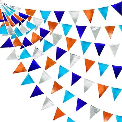 Orange Blue Silver Party Decorations Metallic Fabric Triangle Pennant Banner Flag Bunting Garland for Space Theme Birthday Wedding Bridal Shower Baby Shower Engagement Graduation Party Supplies (36 Count)