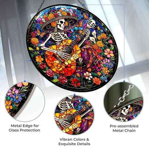 Mexican Skull Playing Guitar Stained Glass Suncatcher Window Hangings