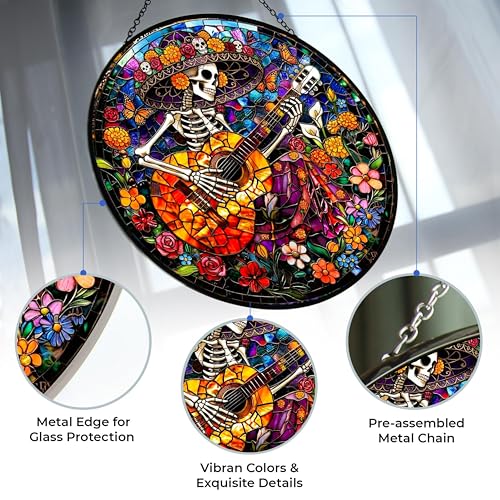 Mexican Skull Playing Guitar Stained Glass Suncatcher Window Hangings