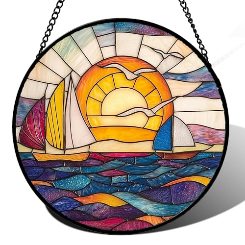 Sunset Sailboat Stained Glass Window Hanging Suncatcher Gifts Decor 15"