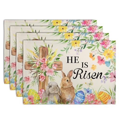 He is Risen Easter Placemats Set of 4 12x18 Inch Bunny Floral Cross Table Mats Spring Rabbit Flowers Eggs Place Mat for Dining Table Party Kitchen Decoration (4 Count)