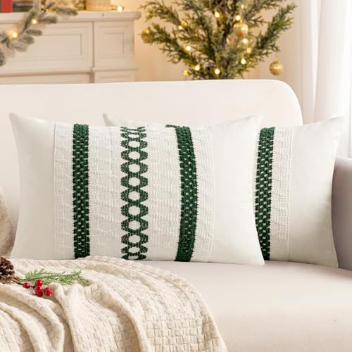 Set of 2 Dark Green Boho Decorative Lumbar Pillow Covers 12x20 Inch (2 Count)