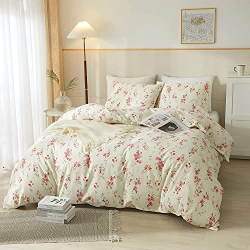 Vintage Garden Style Pink Floral Comforter Set Full Chic Boho Floral Bedding Comforter Fluffy Soft Aesthetic Flowers Botanical Comforter with 2 Pillowcases Girls Women Cottagecore Comforter Set