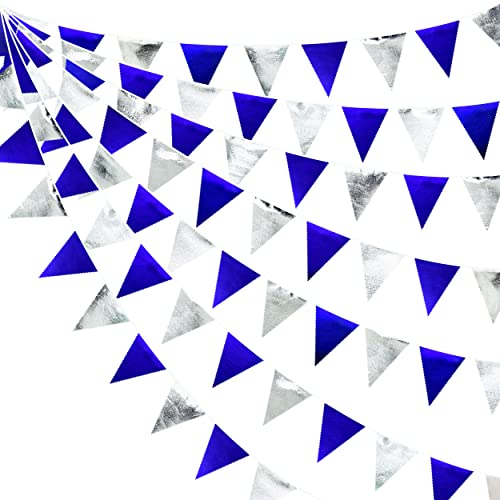 Royal Blue Silver Party Decorations Navy Blue Triangle Pennant Banner Flag Metallic Fabric Bunting Garland for Birthday Graduation Wedding Retirement Nautical Ahoy Achor Pirate Theme Party Supplies (36 Count)