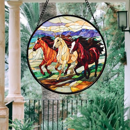 Running Horses Stained Glass Window Hanging Suncatcher Gift for Women 7.8"