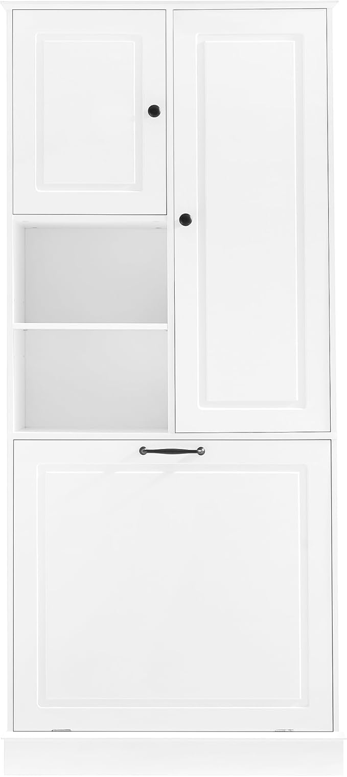 68" Tall Bathroom Storage Cabinet with Two Doors and Tilt-Out Laundry Hamper for Home Display Organizer, Adjustable Shelf, White