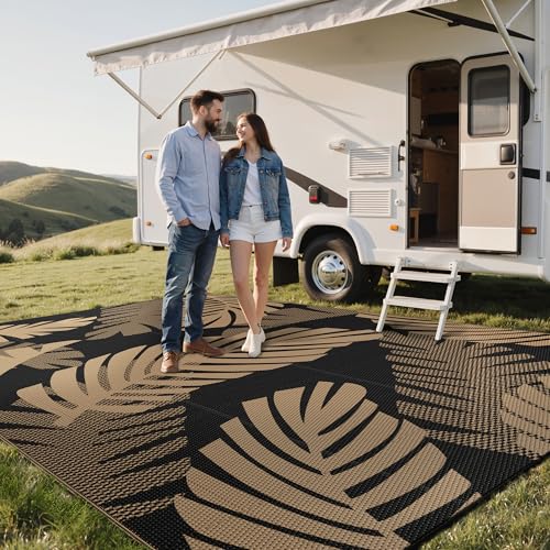 Outdoor Rug Waterproof Plastic Rugs 10'x14' for Camping Black Brown (140 Sq Ft)