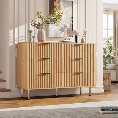 47.2" Fluted Natural 6 Drawer Dresser for Bedroom