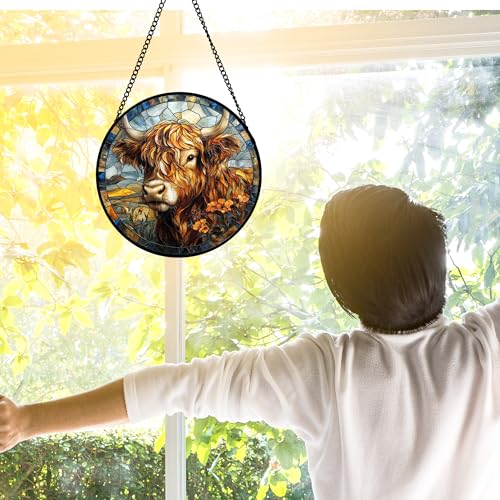 Scottish Highland Cow Stained Glass Window Hanging Suncatcher Gifts 6.3"