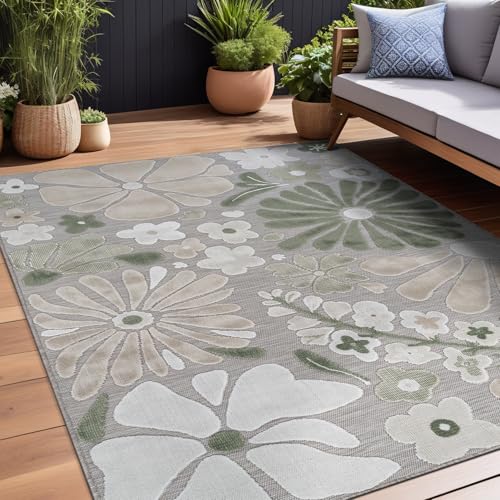 Outdoor Rug 8x10 Modern Floral Tropical Area Rugs for Outdoor and Indoor Patio Easy to Clean Non Shedding Living Room Porch Garden Washable Outside Carpet (80 Sq Ft)