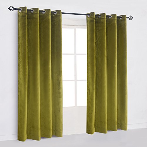 Super Soft Luxury Velvet Moss Green Thermal Blackout Curtain Panel Drapes Grommet Draperies Eyelet 52Wx108L inch Green Yellow
