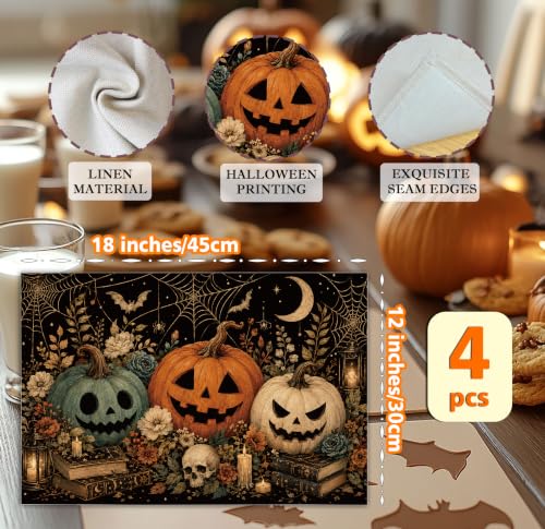 Halloween Placemats Set of 4 Botanical Pumpkin Linen Mats Floral 18x12 (4 Count)