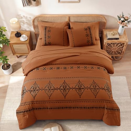 Queen Comforter Set Embroidery Floral 7 Pieces Bed in a Bag