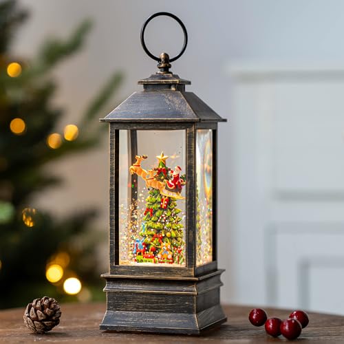 10'' Musical Snow Globe Lantern Lighted Christmas Tree and Flying Santa Water Lantern Swirling Glittering Home Decoration and Gift