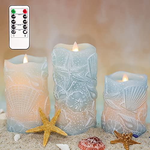 Ocean Flameless Candles with Remote Carved Seashell Real Wax Flicker Battery Operated Candles for Home Party Wedding Nautical Summer Christmas Decor (3 Count)