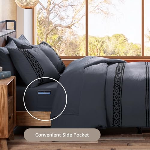 Embroidery Queen Comforter Set 7 Pieces Crown Blue Bed in a Bag