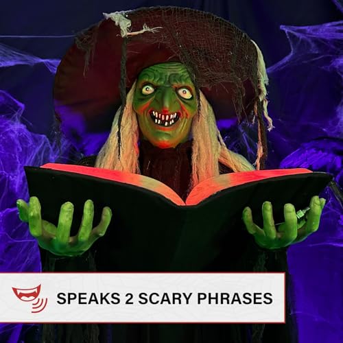 Life Size Talking Witch Holding Spell Book (72" Standing Witch w/Book)