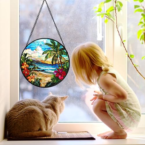 Tropical Hibiscus Beach Stained Glass Window Hanging Suncatcher Gifts 9.8"