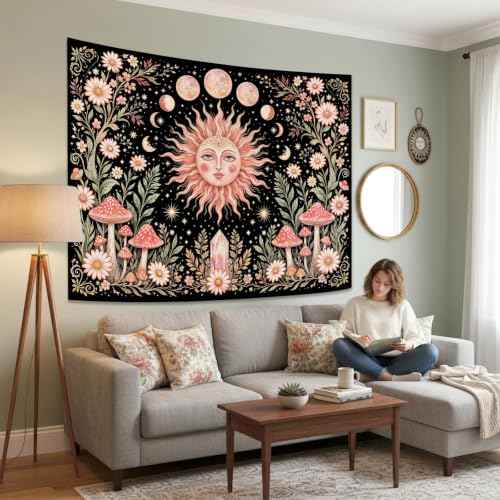 Boho Pink Sun Moon Phase Daisy Flower Mushroom Tapestry 48 x 36 Inch