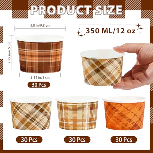 120 PCS Fall Paper Cups 12 oz Thanksgiving Orange Brown Gingham Snack Bowls Disposable 4 Colors Dessert Cups for Fall Thanksgiving Holiday Harvest Party Snacks Dessert Candies Party Supplies (12 Count)