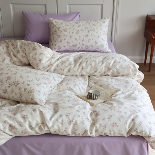 Vintage Floral Comforter Set King 3 Pieces Boho Floral Bedding Comforter Fluffy Soft Botanical Flowers Comforter with 2 Pillowcases Cottagecore Bedding Set Pink Purple Flowers King Comforter Set (3 Piece Set)