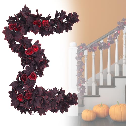 Fall Leaves Garland Hanging Maple Leaf Vines Fake Burgundy Rose (11.4 Foot)