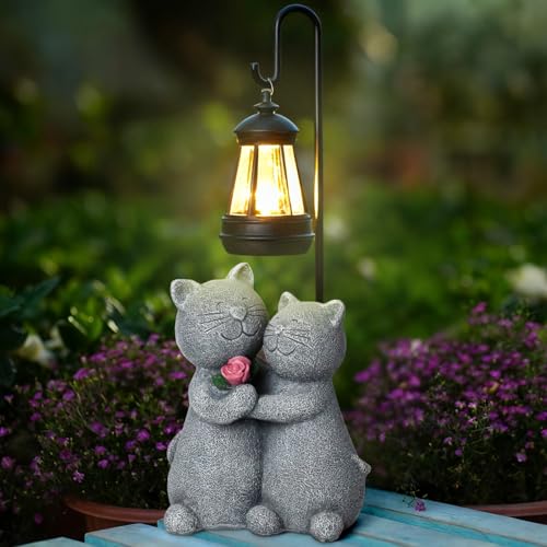 Outdoor Cat Garden Statues with Solar Lantern