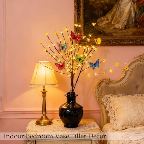 60 LED Battery Lit Stems Flowers Butterfly Branch for Window Vase Decor